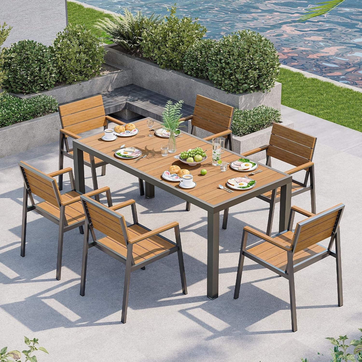 7-Piece Aluminum Patio Dining Set | HDPS Gray-Teak Outdoor Table & Chairs for 6 with Umbrella Hole