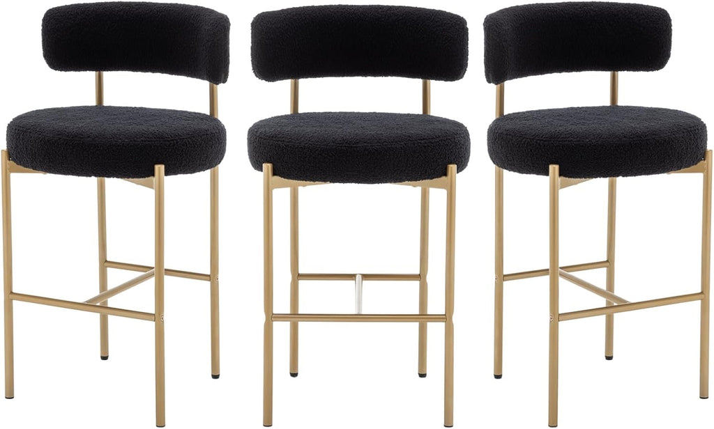 Bouclé Bar Stools Set of 3 Black & Gold | Counter Height Upholstered Barstools with Back for Kitchen Island