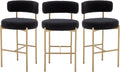 Bouclé Bar Stools Set of 3 Black & Gold | Counter Height Upholstered Barstools with Back for Kitchen Island
