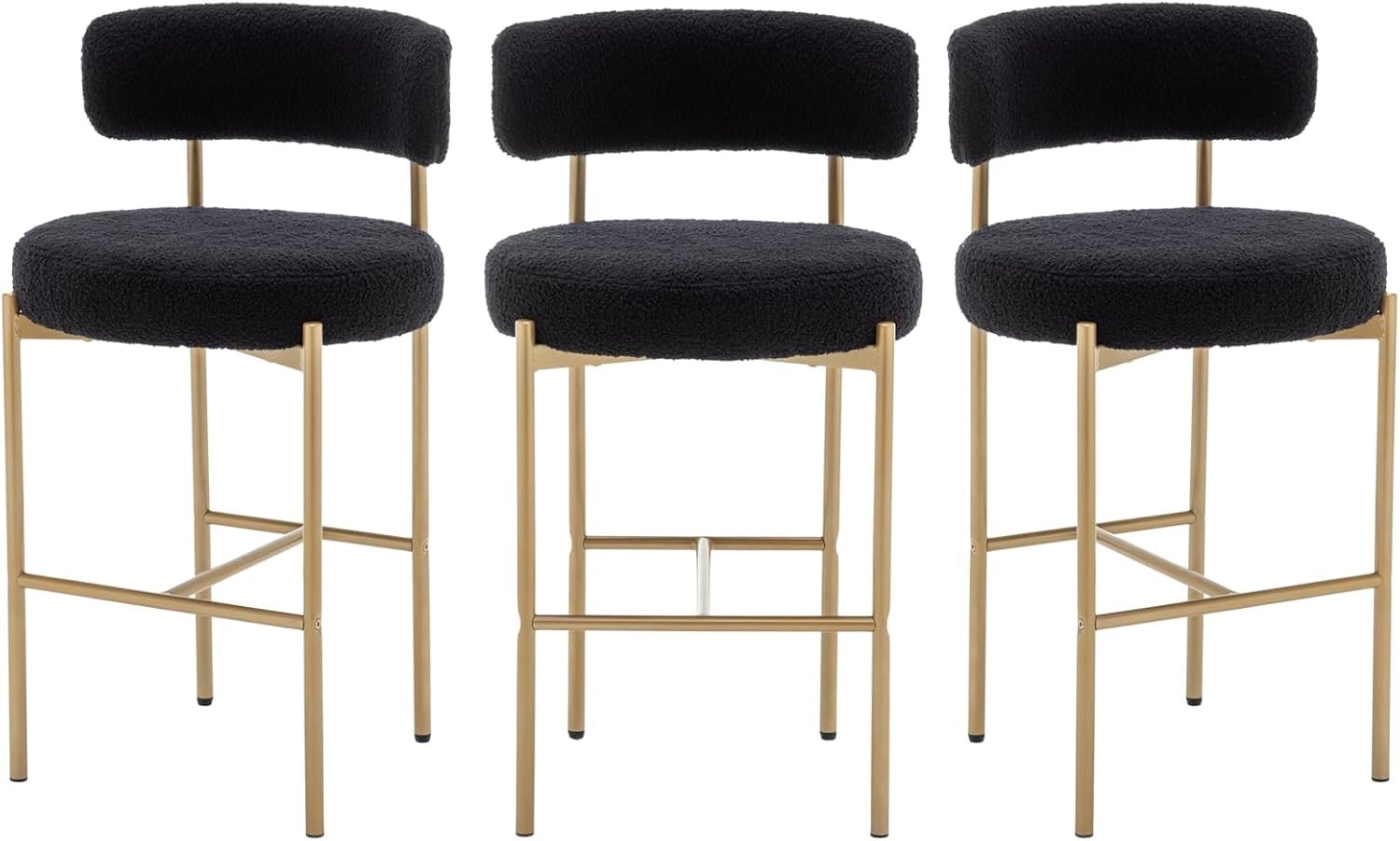 Bouclé Bar Stools Set of 3 Black & Gold | Counter Height Upholstered Barstools with Back for Kitchen Island