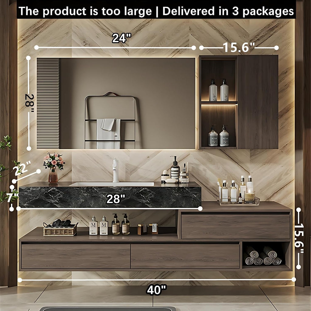 40” Solid Wood Smart Bathroom Vanity | LED Defogging Mirror + Side Storage Cabinet