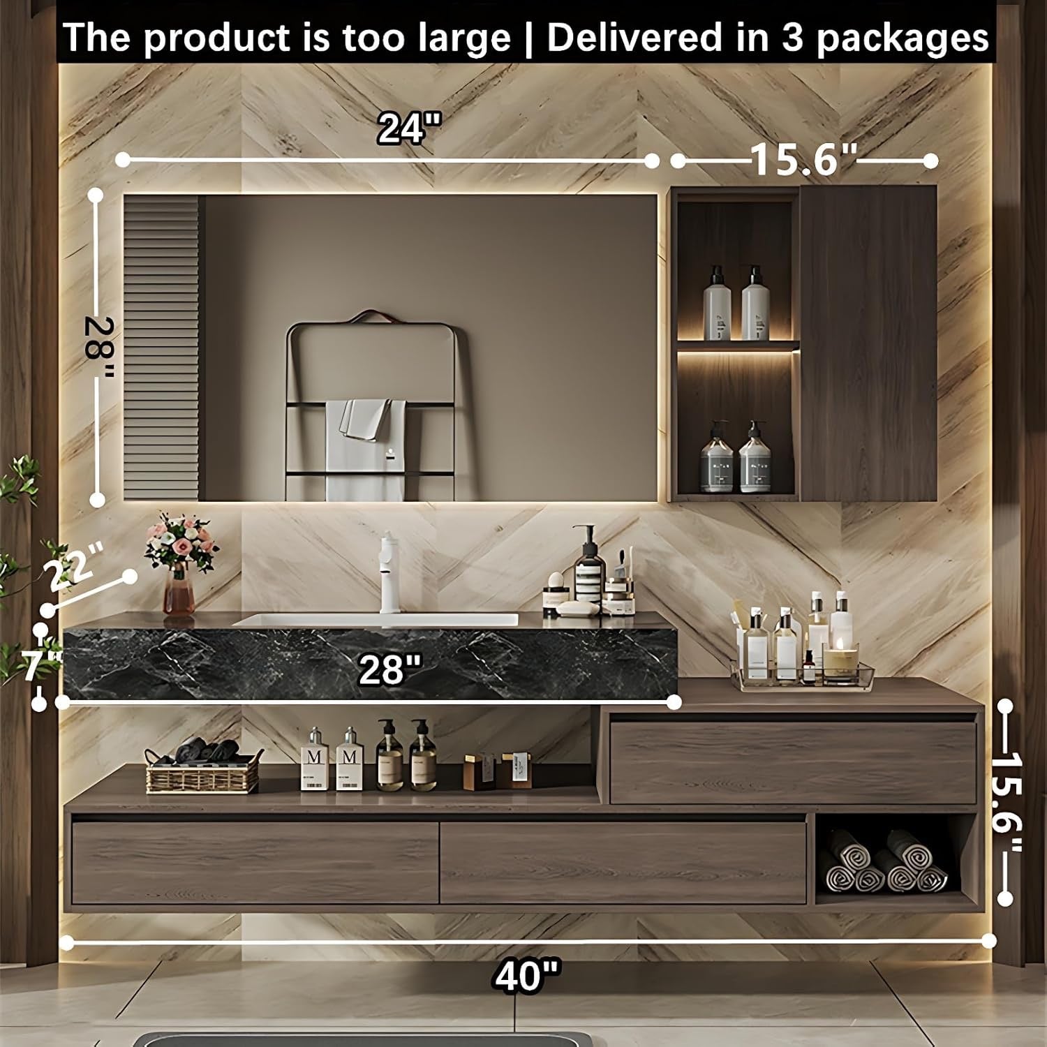40” Solid Wood Smart Bathroom Vanity | LED Defogging Mirror + Side Storage Cabinet
