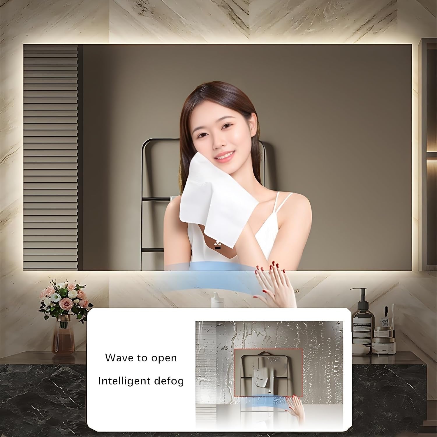 40” Solid Wood Smart Bathroom Vanity | LED Defogging Mirror + Side Storage Cabinet