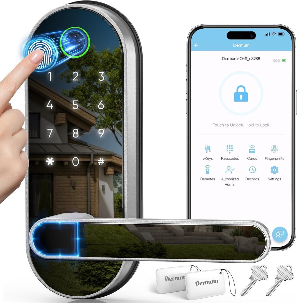 Keyless Entry Fingerprint Smart Lock with Handle | App-Controlled Biometric Keypad Door Lock (Silver)
