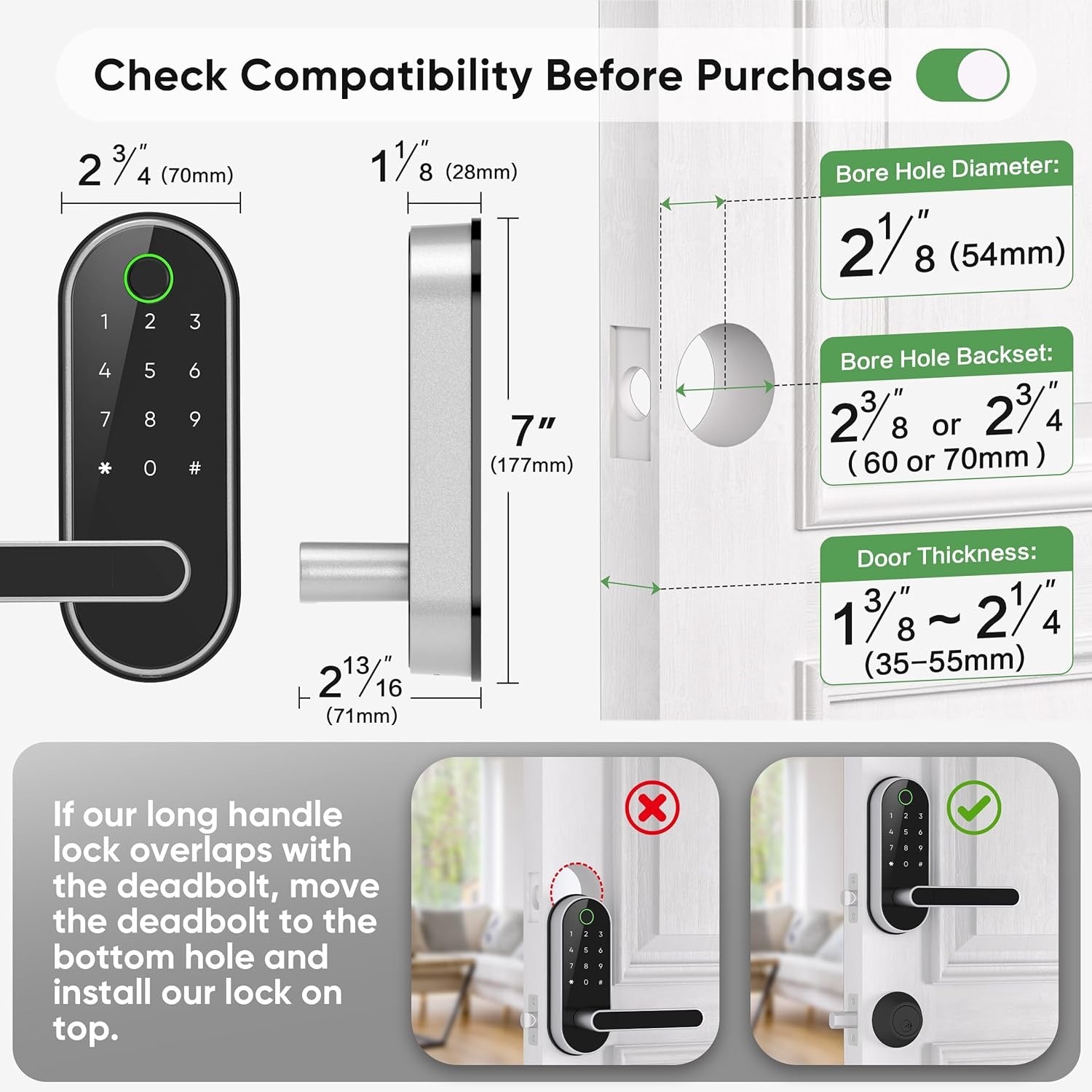 Keyless Entry Fingerprint Smart Lock with Handle | App-Controlled Biometric Keypad Door Lock (Silver)