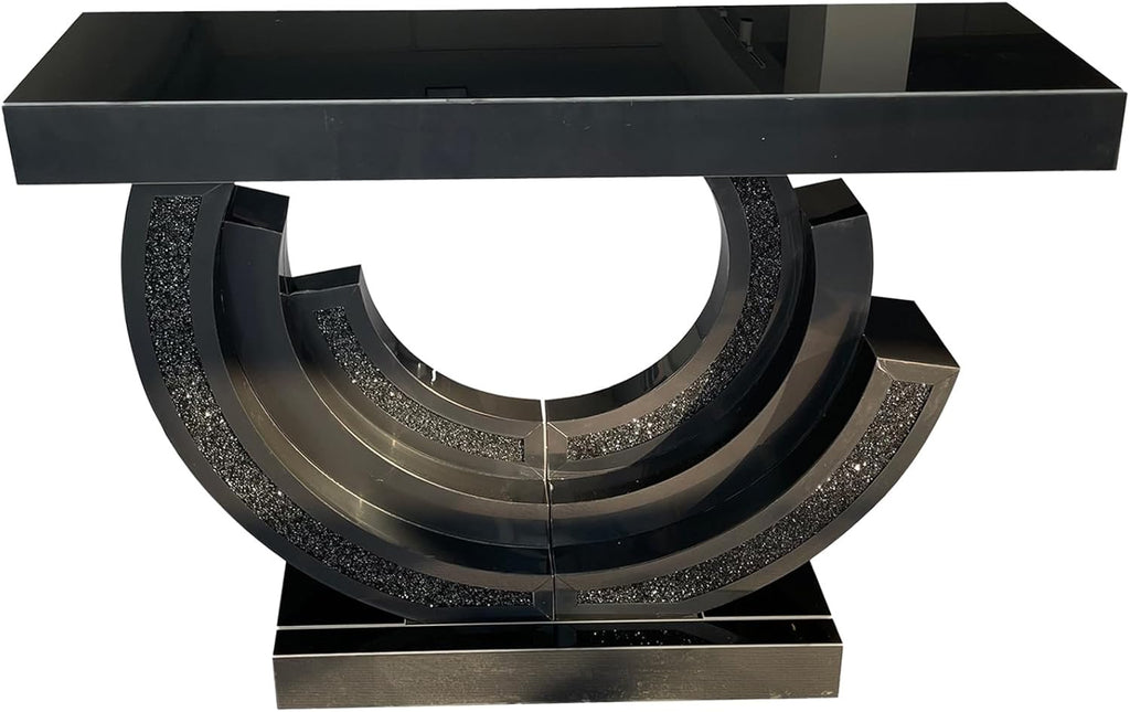 42.9” Mirrored Console Table | Crushed Diamond Inlay Entryway Sofa Table with C-Shaped Base (Black)