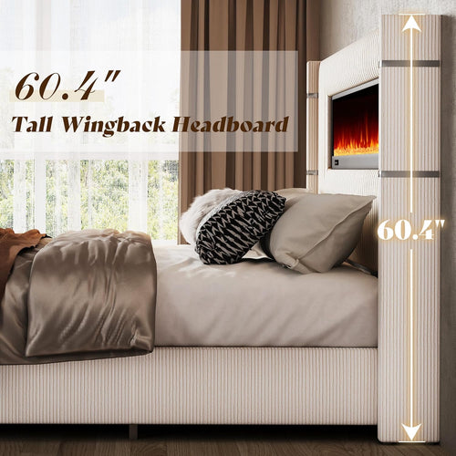 AMERLIFE King Platform Bed with Fireplace | Corduroy Upholstered Wingback Bed with Tall Headboard – Beige