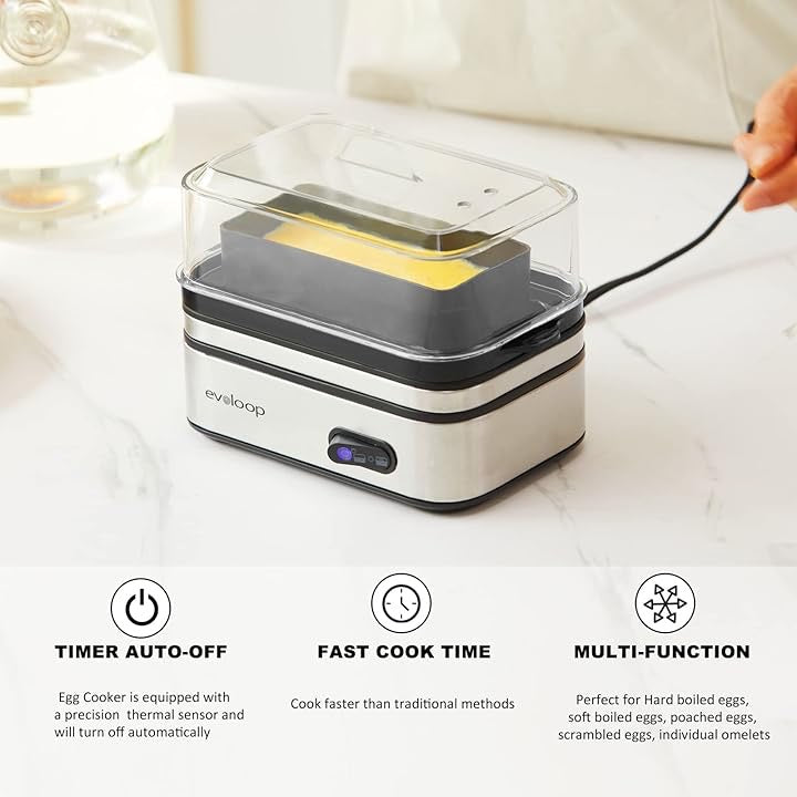 Evoloop Rapid Egg Cooker Electric 6-Egg Capacity | Multi-Function Egg Cooker with Auto Shut-Off (Soft, Medium, Hard Boiled & Poacher)