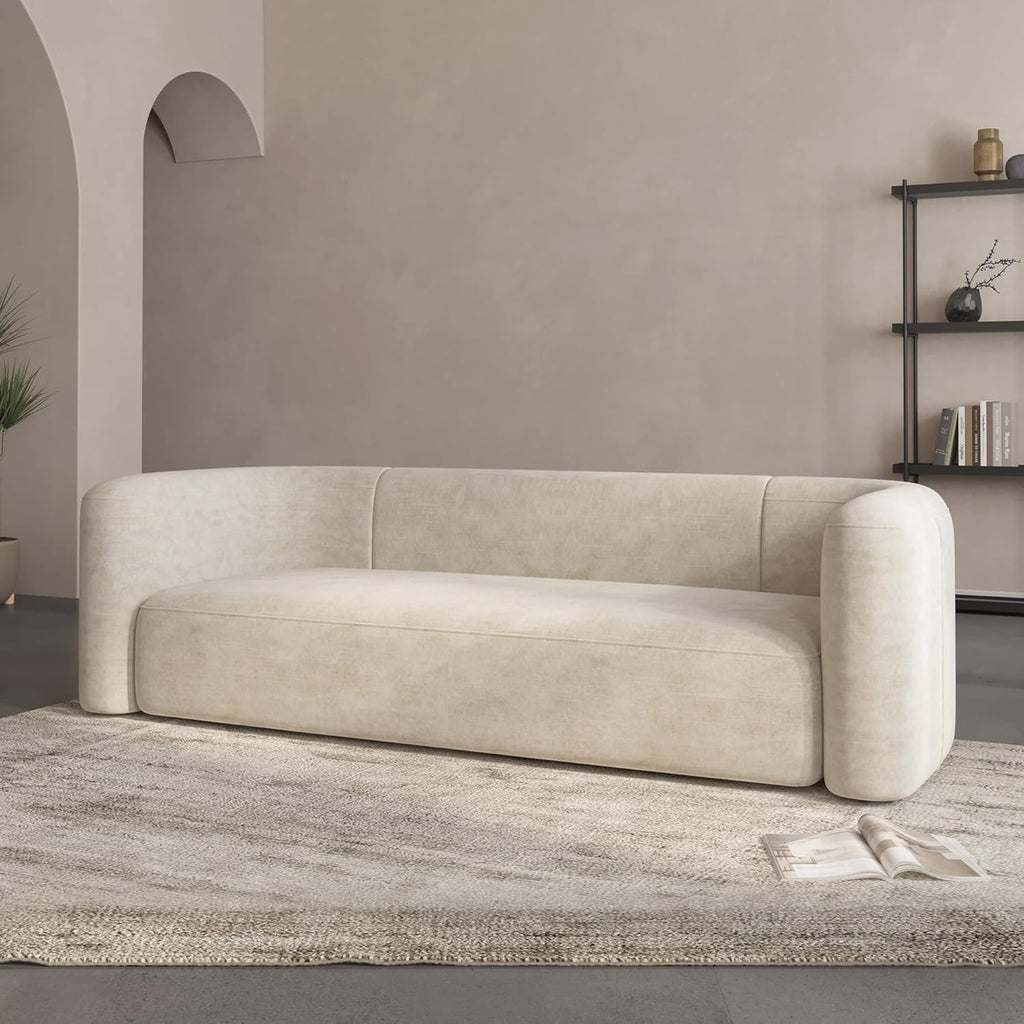 Acanva Luxury Curved Velvet Sofa (3-Seater) | Modern Minimalist Cream Upholstery