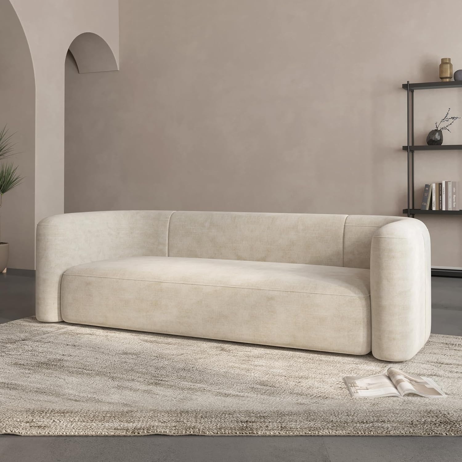 Acanva Luxury Curved Velvet Sofa (3-Seater) | Modern Minimalist Cream Upholstery