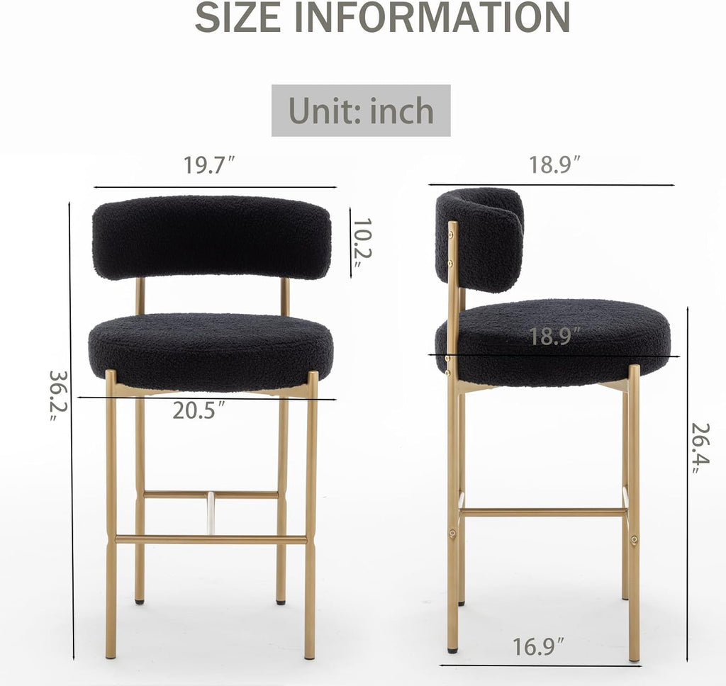 Bouclé Bar Stools Set of 3 Black & Gold | Counter Height Upholstered Barstools with Back for Kitchen Island