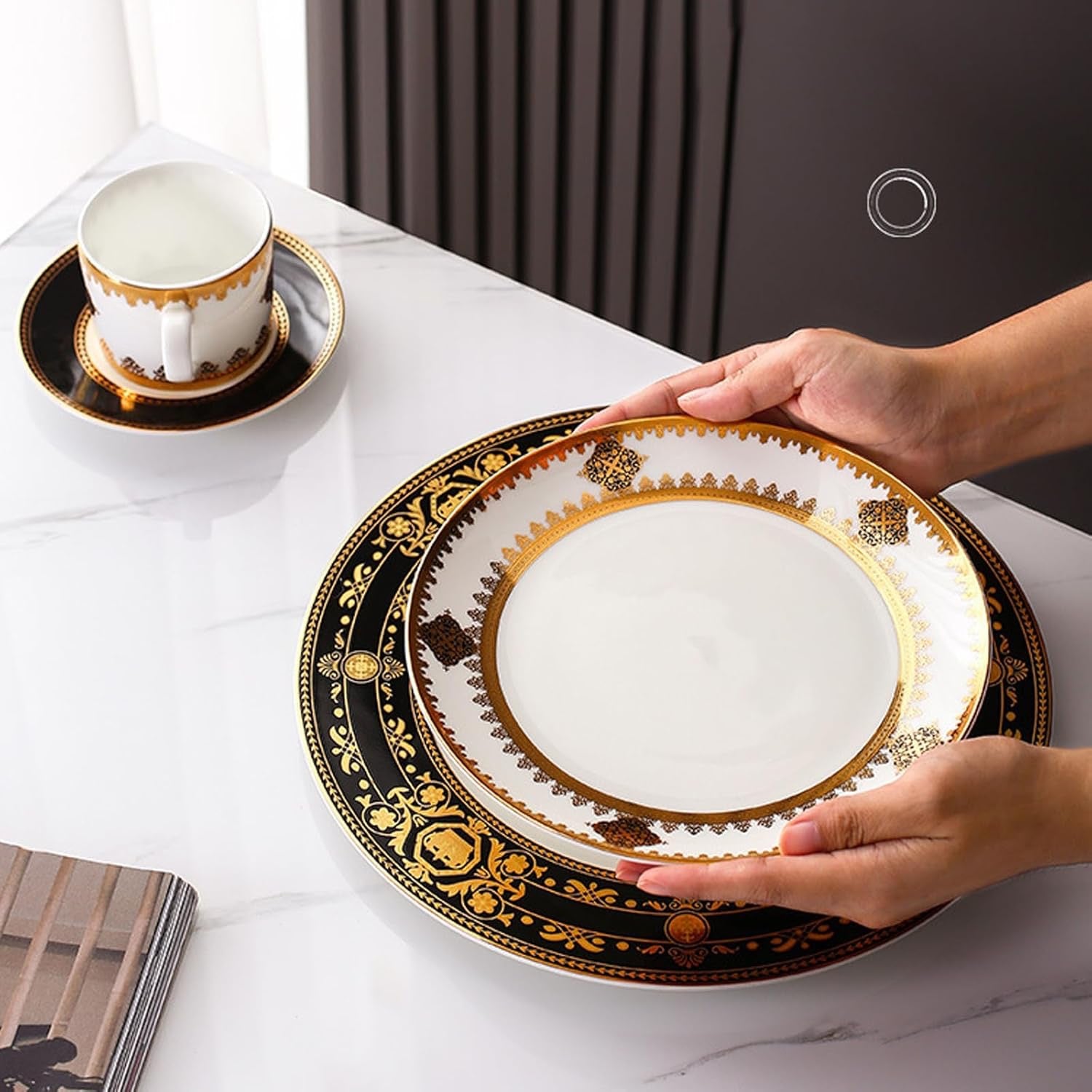 8 Piece Bone China Dinnerware Set for 2 Gold Rim | Elegant Plates Cups and Saucers Scratch Resistant Dishwasher Safe