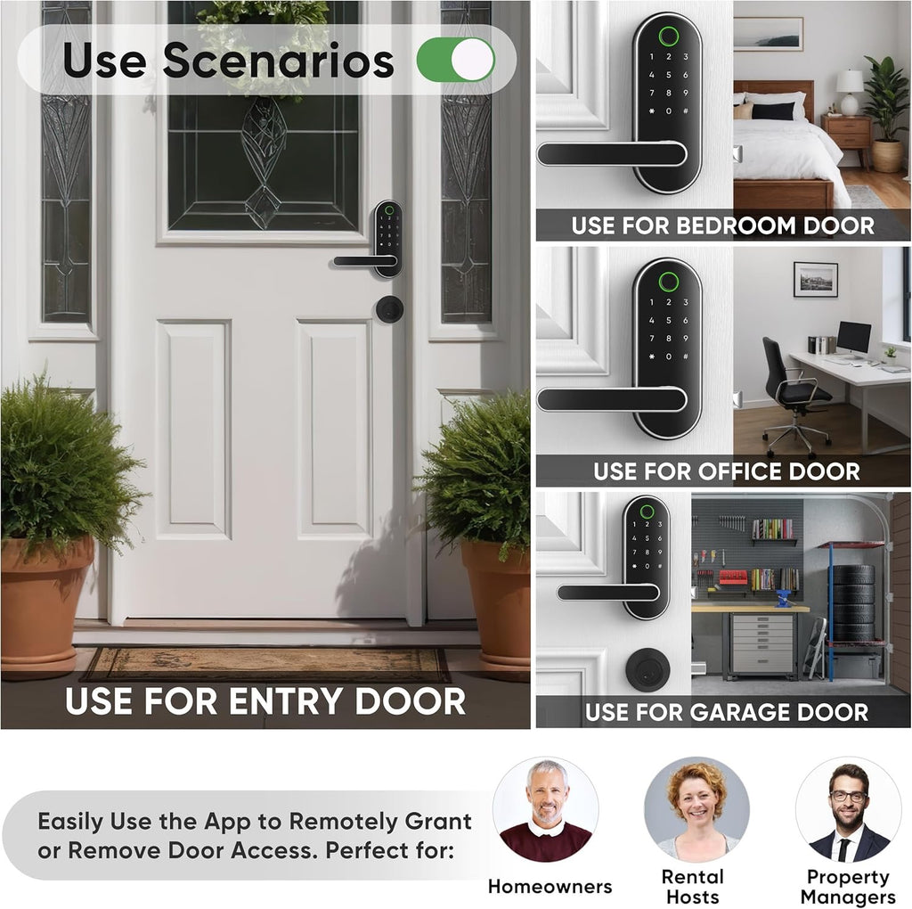 Keyless Entry Fingerprint Smart Lock with Handle | App-Controlled Biometric Keypad Door Lock (Silver)