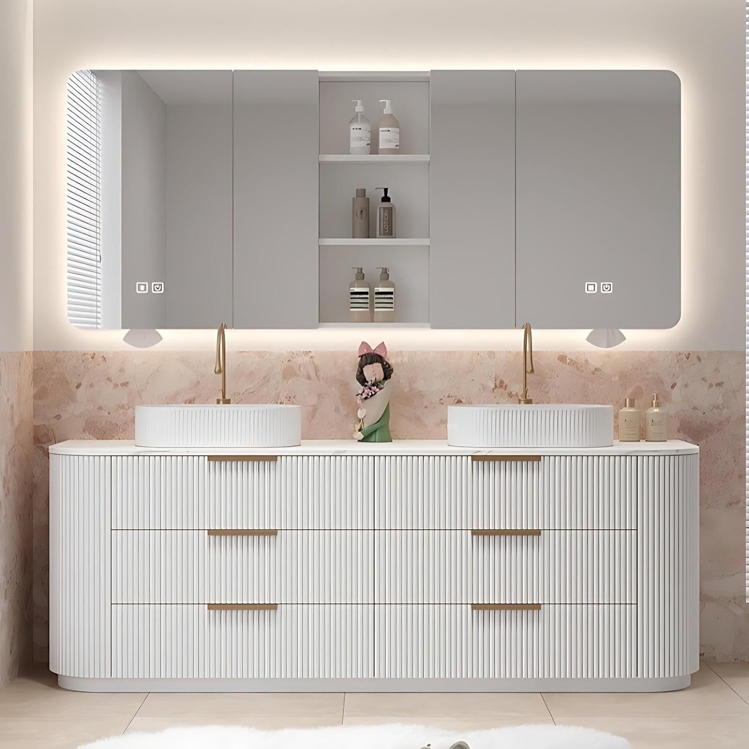 76” Double Sink Floor-Standing Bathroom Vanity | Rock Countertop + Smart LED Defog Mirror Cabinet