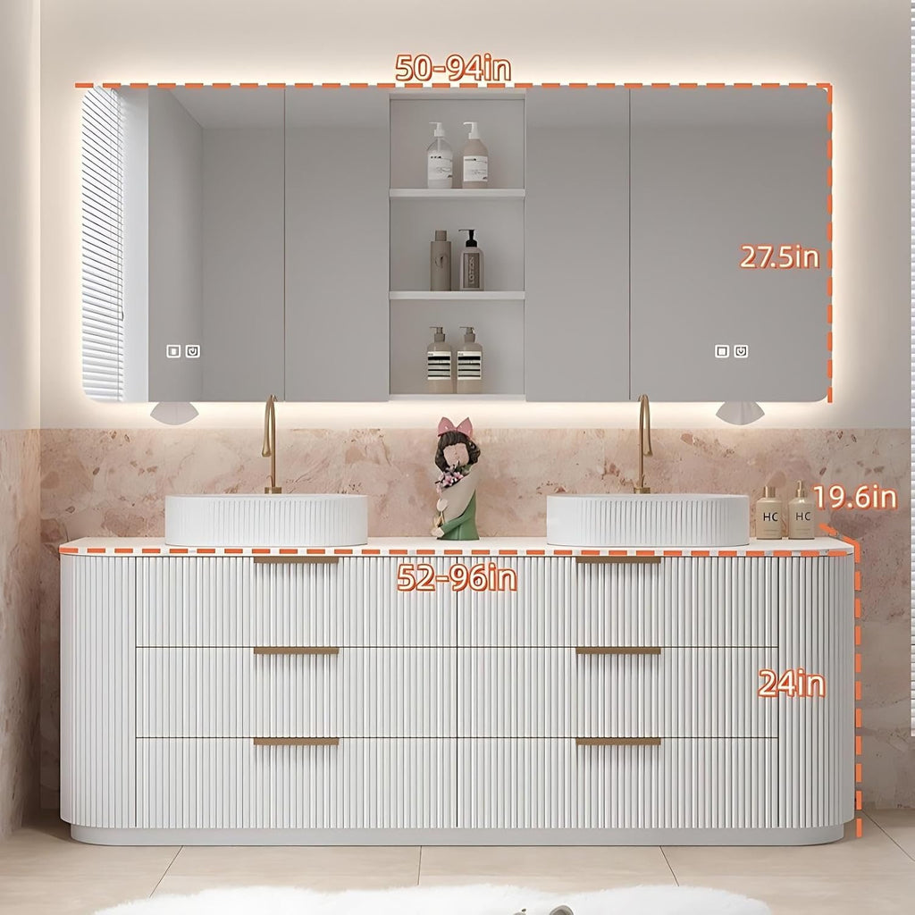 76” Double Sink Floor-Standing Bathroom Vanity | Rock Countertop + Smart LED Defog Mirror Cabinet