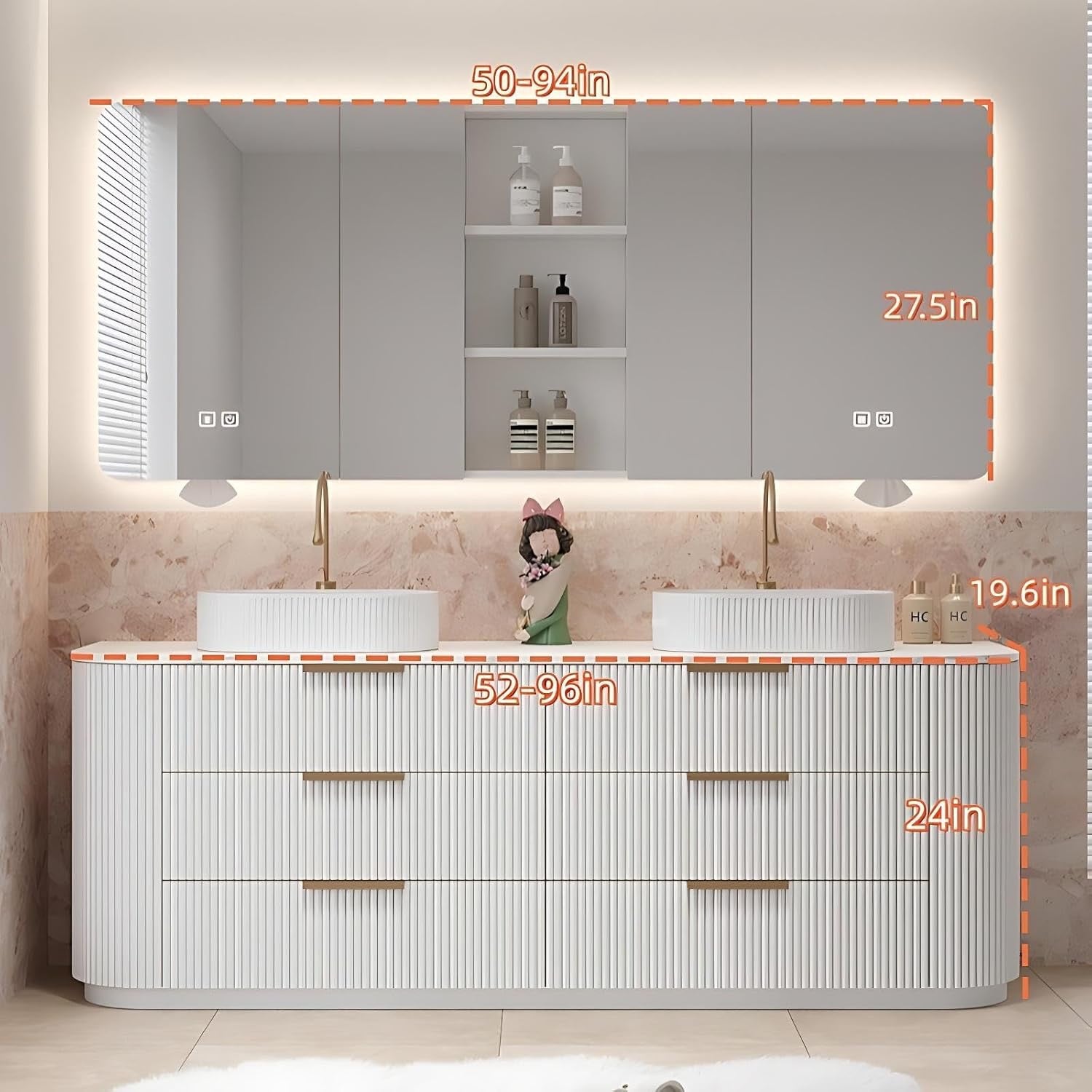 76” Double Sink Floor-Standing Bathroom Vanity | Rock Countertop + Smart LED Defog Mirror Cabinet