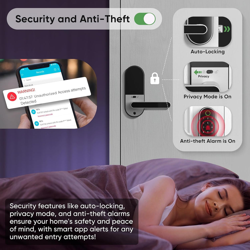 Keyless Entry Fingerprint Smart Lock with Handle | App-Controlled Biometric Keypad Door Lock (Silver)