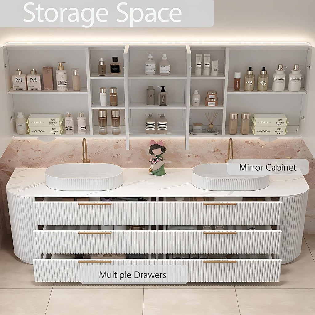 76” Double Sink Floor-Standing Bathroom Vanity | Rock Countertop + Smart LED Defog Mirror Cabinet