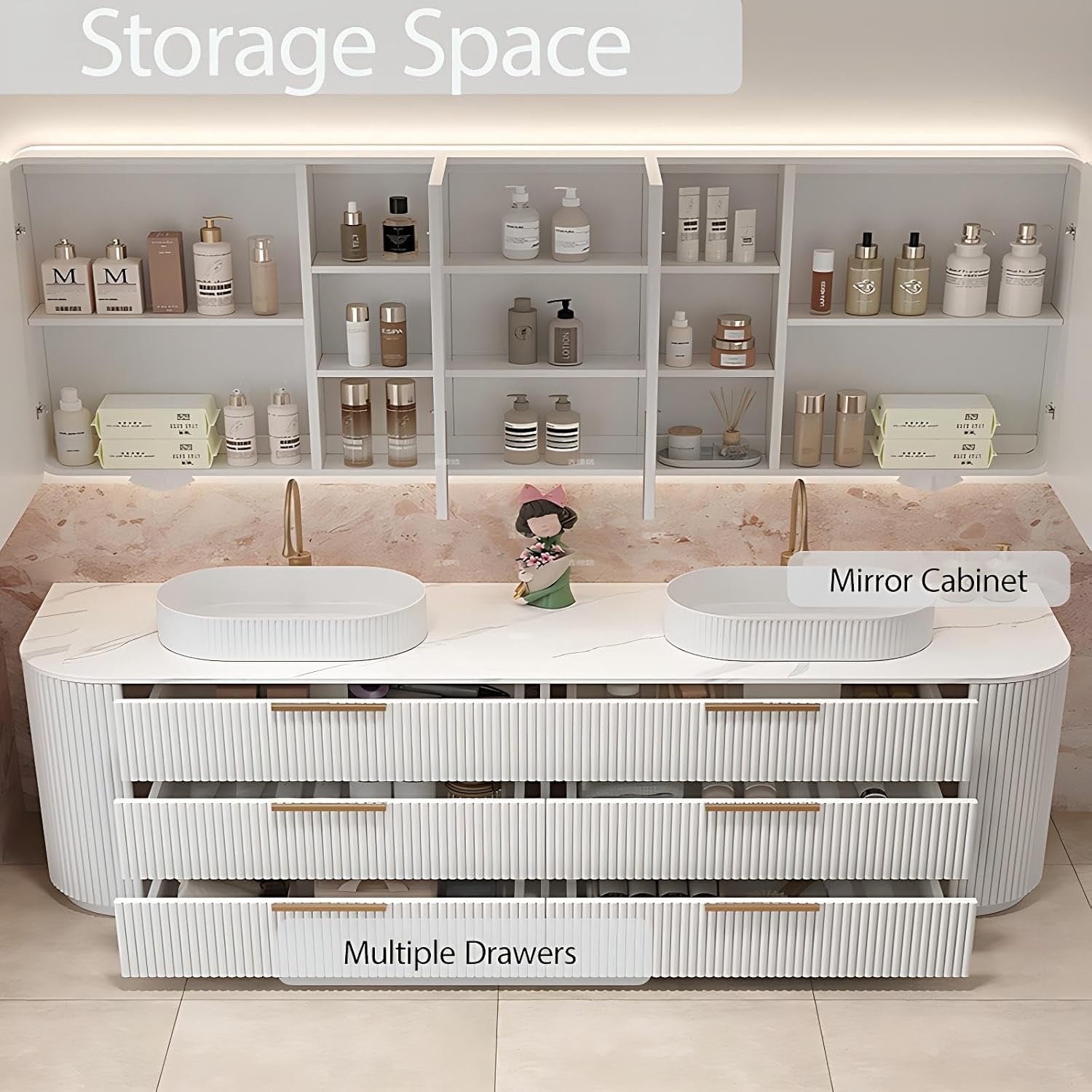 76” Double Sink Floor-Standing Bathroom Vanity | Rock Countertop + Smart LED Defog Mirror Cabinet