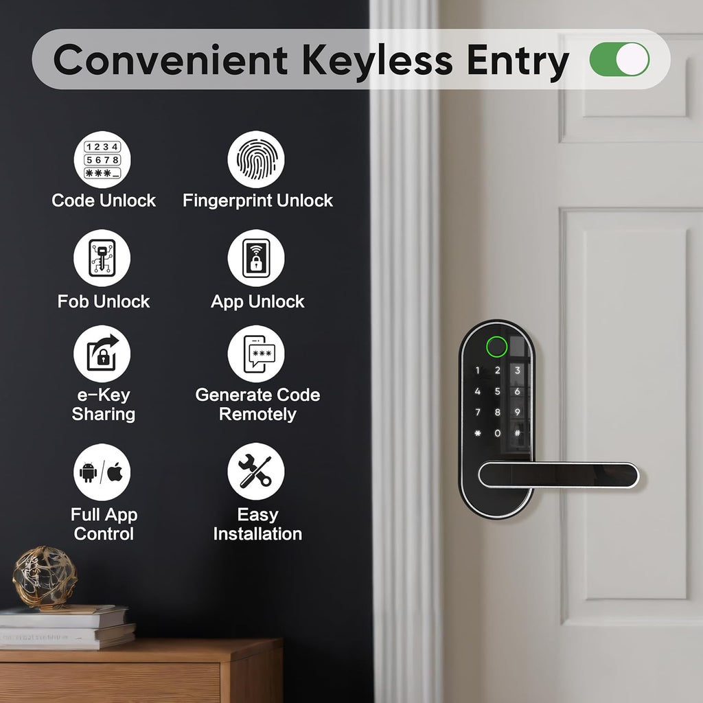 Keyless Entry Fingerprint Smart Lock with Handle | App-Controlled Biometric Keypad Door Lock (Silver)