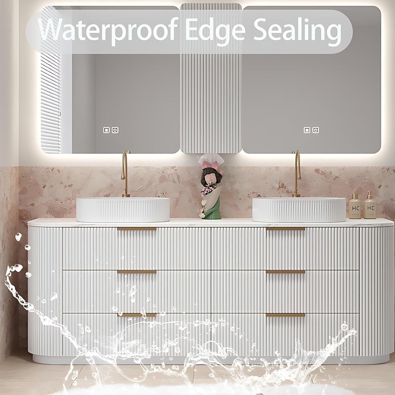 76” Double Sink Floor-Standing Bathroom Vanity | Rock Countertop + Smart LED Defog Mirror Cabinet