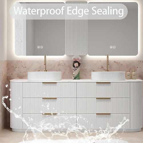 76” Double Sink Floor-Standing Bathroom Vanity | Rock Countertop + Smart LED Defog Mirror Cabinet