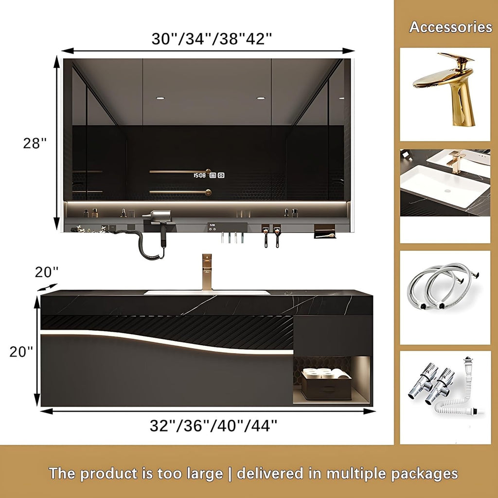 44” Solid Wood Floating Bathroom Vanity with Sink | Faucet + Smart LED Mirror Cabinet