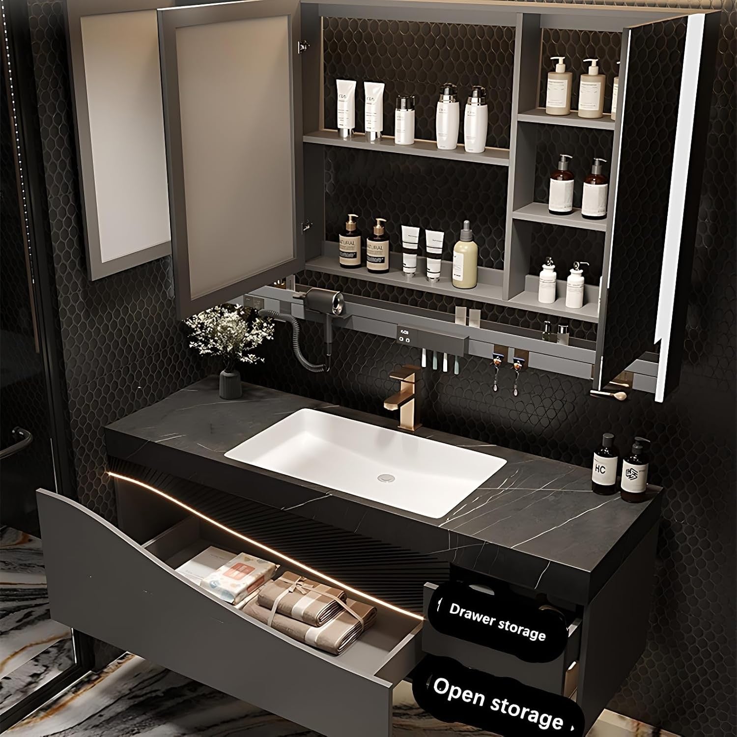 44” Solid Wood Floating Bathroom Vanity with Sink | Faucet + Smart LED Mirror Cabinet