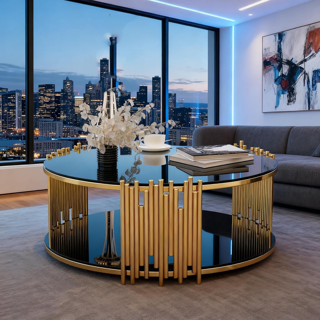 36” Round Glass Coffee Table | Modern Luxury 2-Tier Center Table with Gold Stainless Steel Base