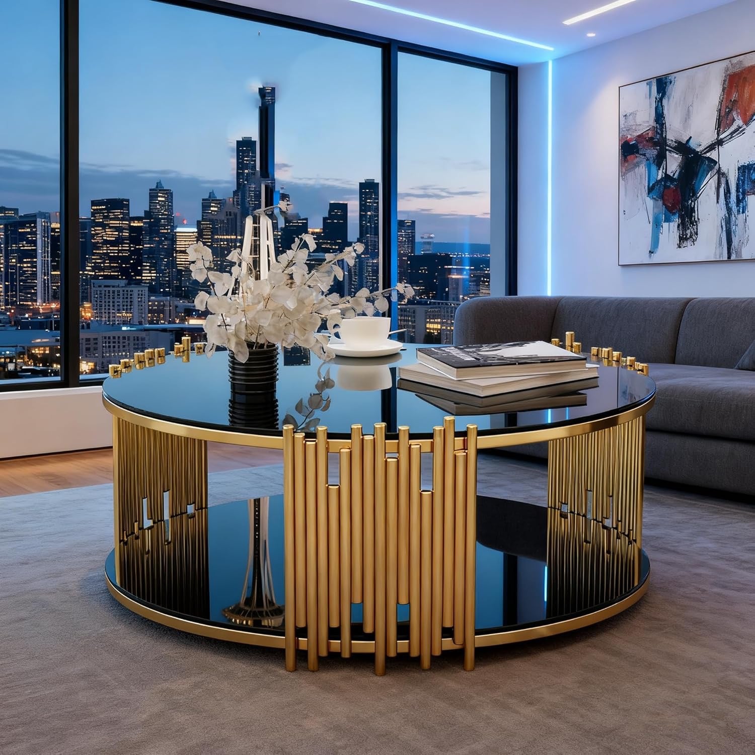 36” Round Glass Coffee Table | Modern Luxury 2-Tier Center Table with Gold Stainless Steel Base