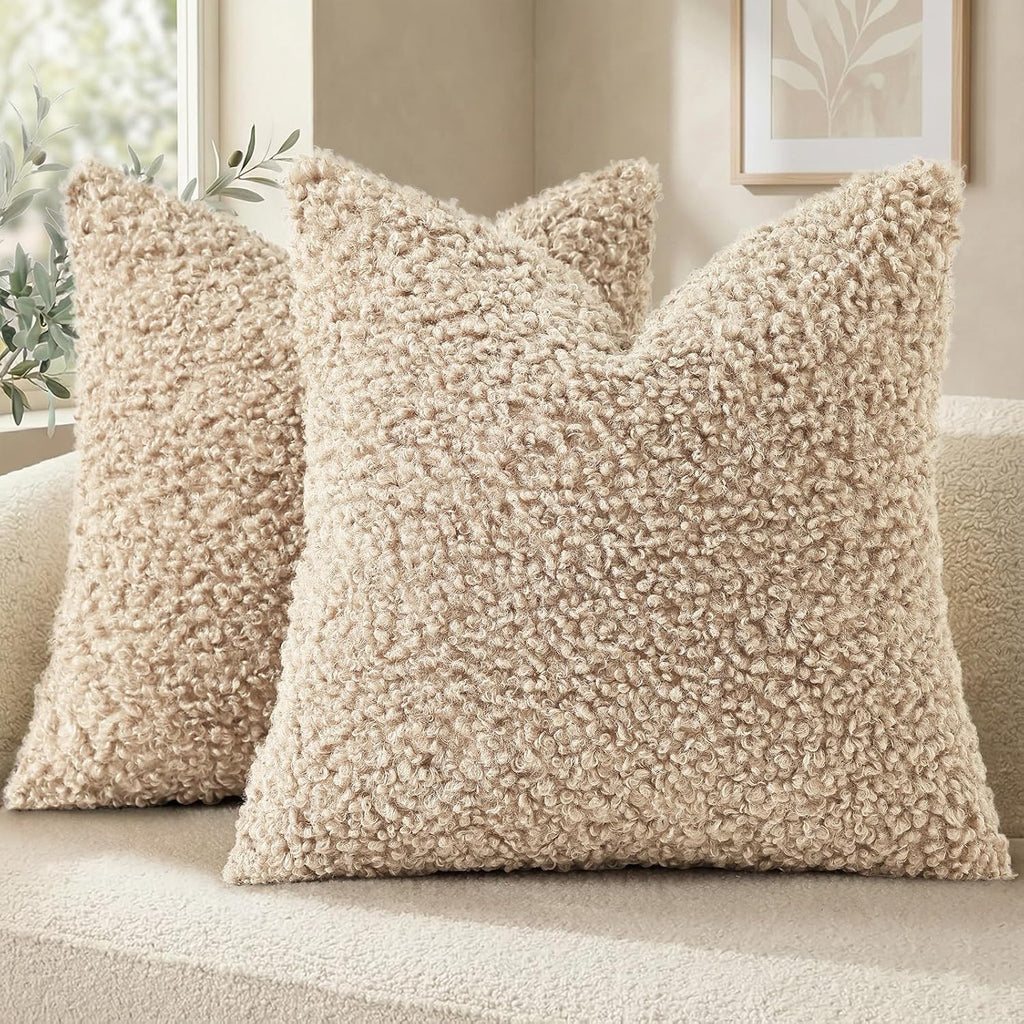 DecorUhome Faux Fur Sherpa Pillow Covers Set of 2 | 18x18 Neutral Oatmeal Decorative Cushion Covers