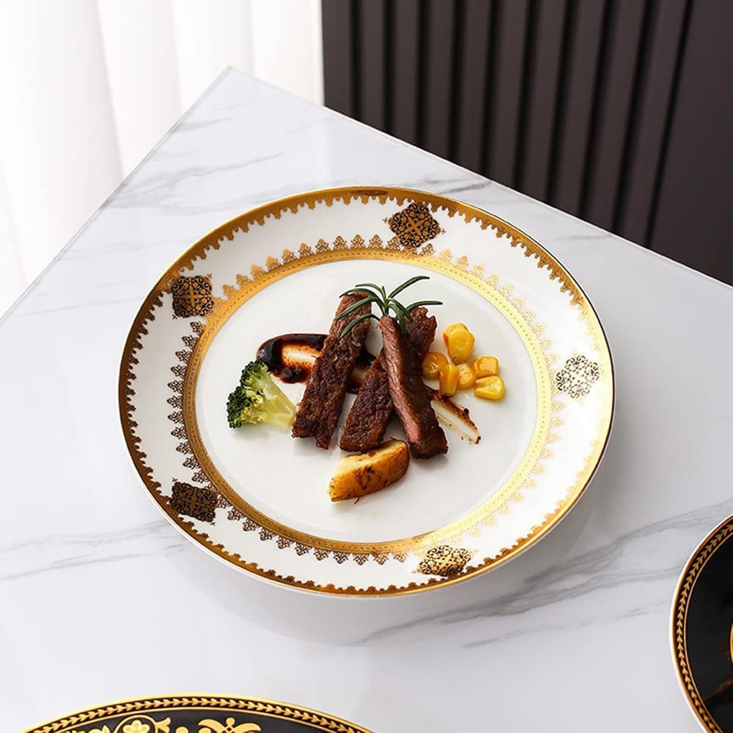 8 Piece Bone China Dinnerware Set for 2 Gold Rim | Elegant Plates Cups and Saucers Scratch Resistant Dishwasher Safe