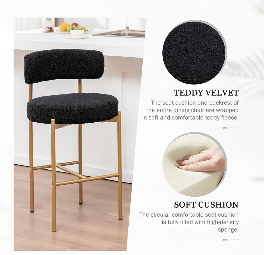 Bouclé Bar Stools Set of 3 Black & Gold | Counter Height Upholstered Barstools with Back for Kitchen Island