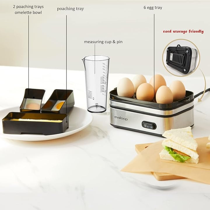 Evoloop Rapid Egg Cooker Electric 6-Egg Capacity | Multi-Function Egg Cooker with Auto Shut-Off (Soft, Medium, Hard Boiled & Poacher)