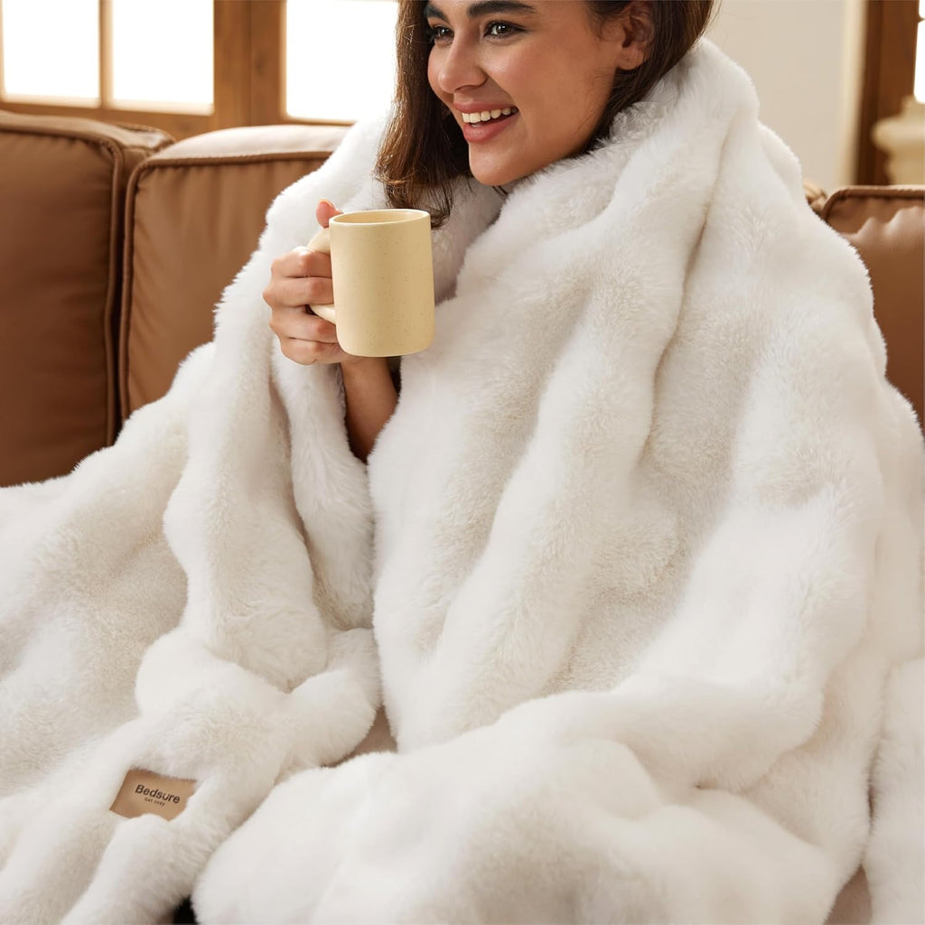 Bedsure GentleSoft Faux Fur Throw Blanket | Cream Plush Fleece Cozy Sofa & Bed Throw