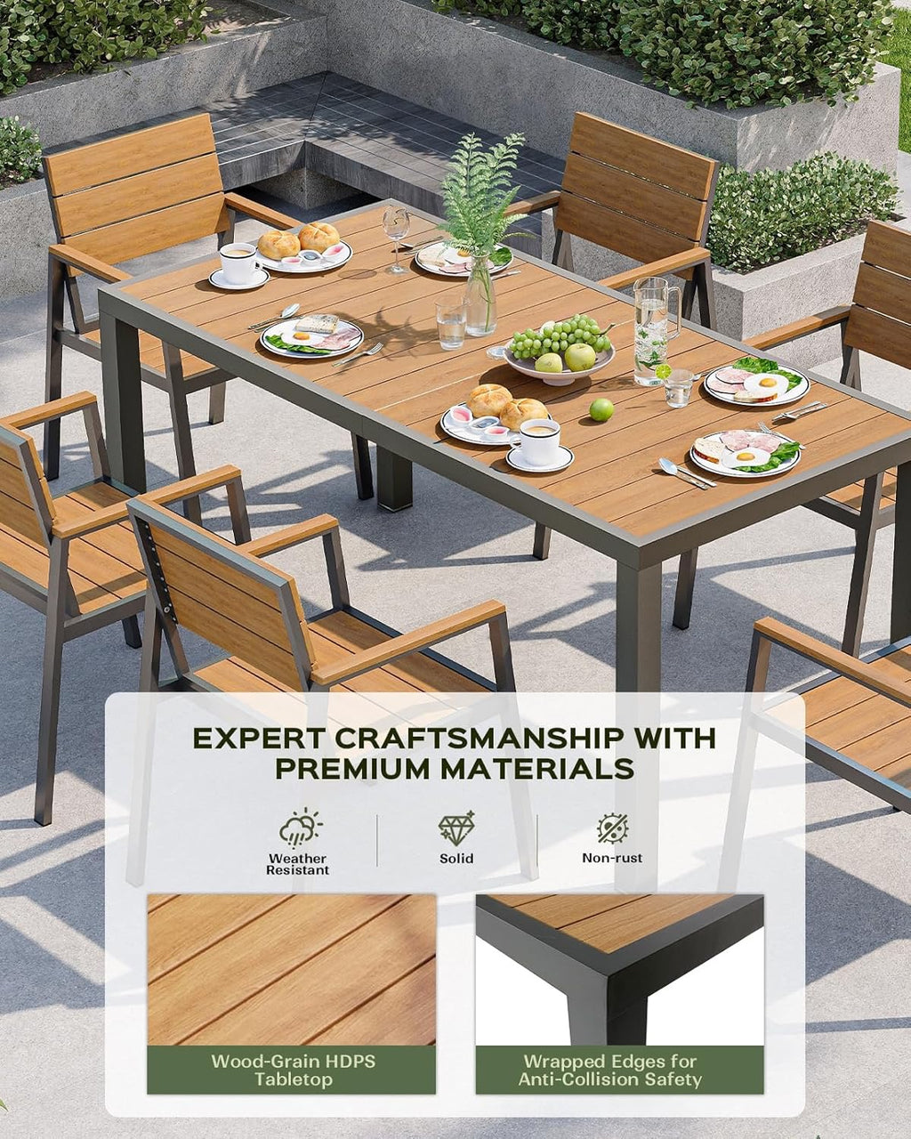 7-Piece Aluminum Patio Dining Set | HDPS Gray-Teak Outdoor Table & Chairs for 6 with Umbrella Hole