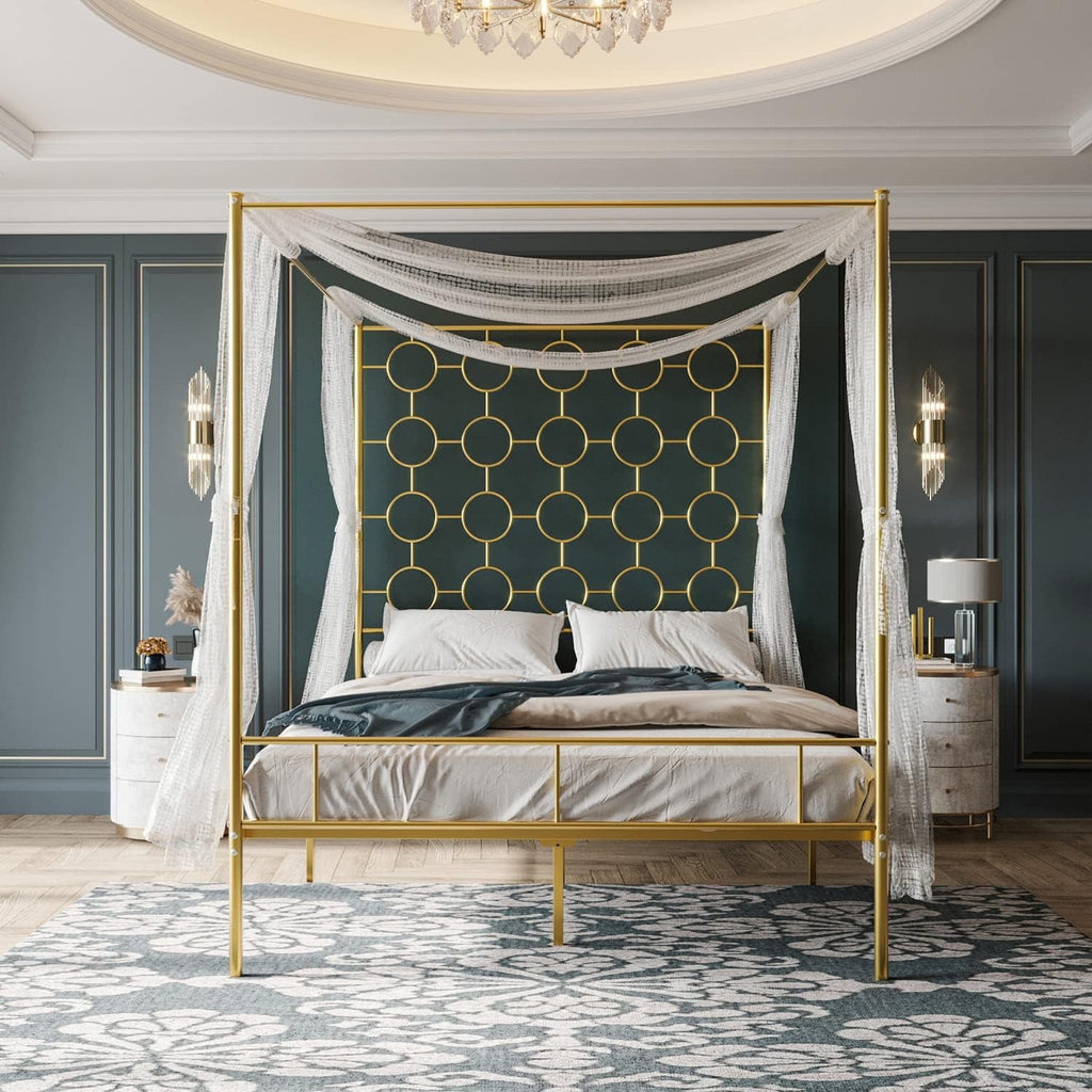 Gold Metal Canopy Bed Frame Queen | Modern Steel Platform Bed with Slat Support (No Box Spring Needed)