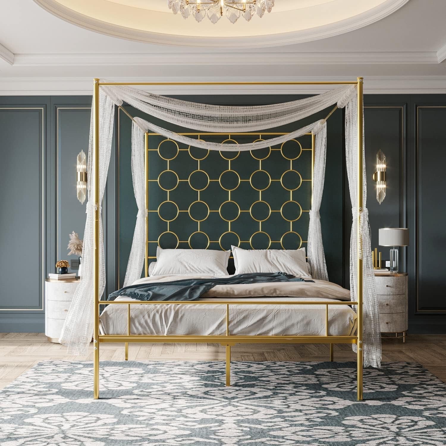 Gold Metal Canopy Bed Frame Queen | Modern Steel Platform Bed with Slat Support (No Box Spring Needed)