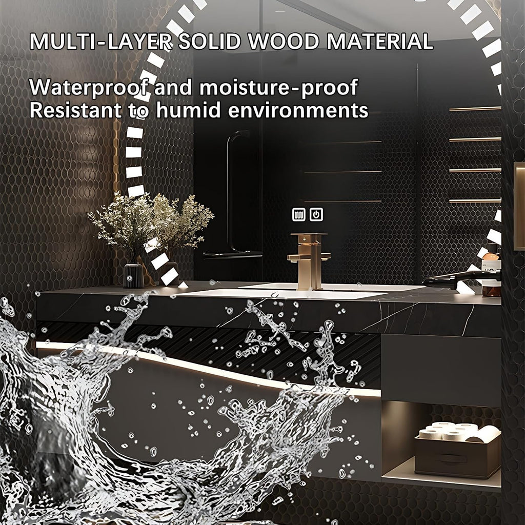 44” Solid Wood Floating Bathroom Vanity with Sink | Faucet + Smart LED Mirror Cabinet
