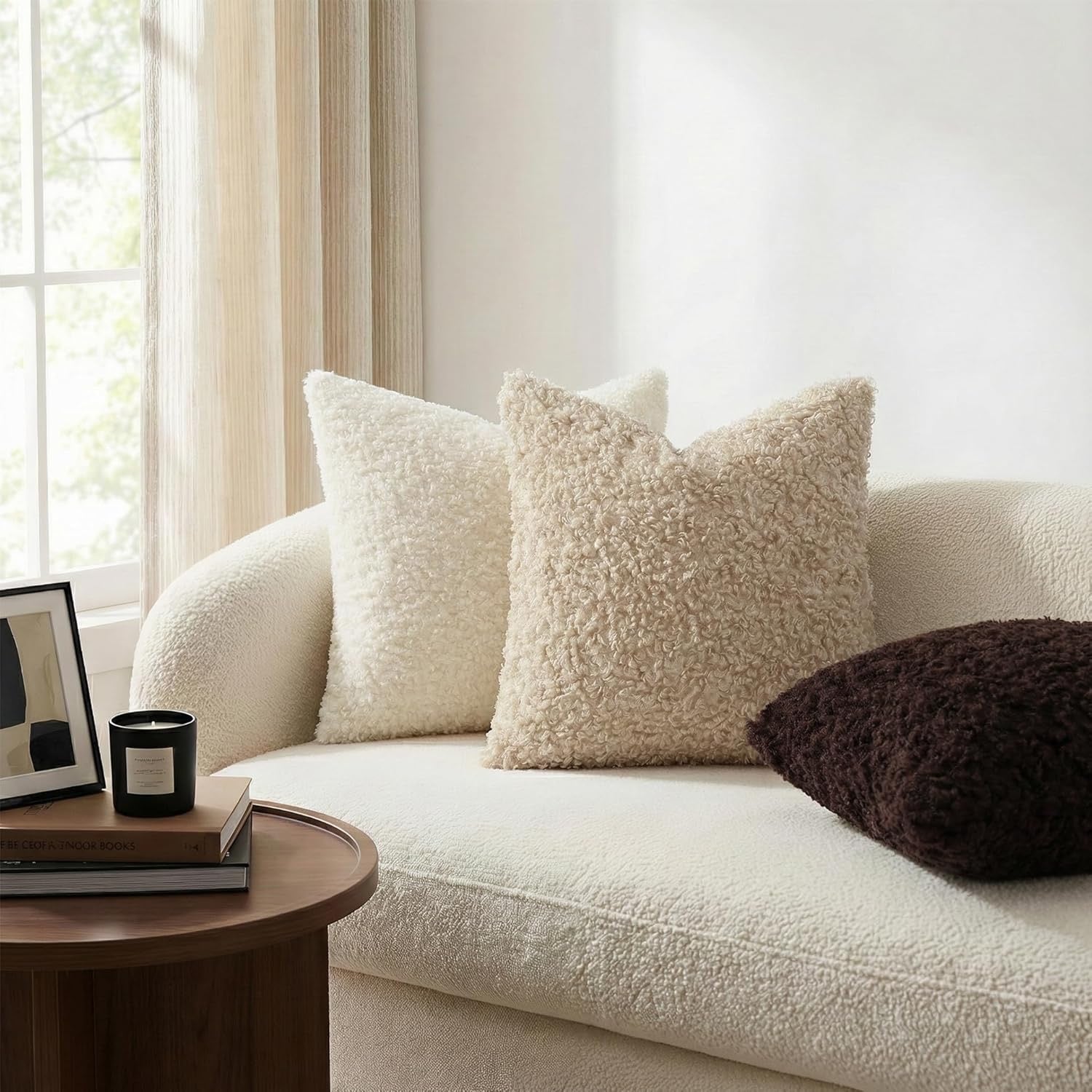 DecorUhome Faux Fur Sherpa Pillow Covers Set of 2 | 18x18 Neutral Oatmeal Decorative Cushion Covers