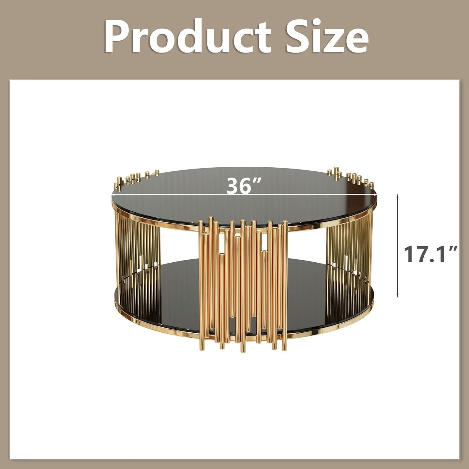 36” Round Glass Coffee Table | Modern Luxury 2-Tier Center Table with Gold Stainless Steel Base