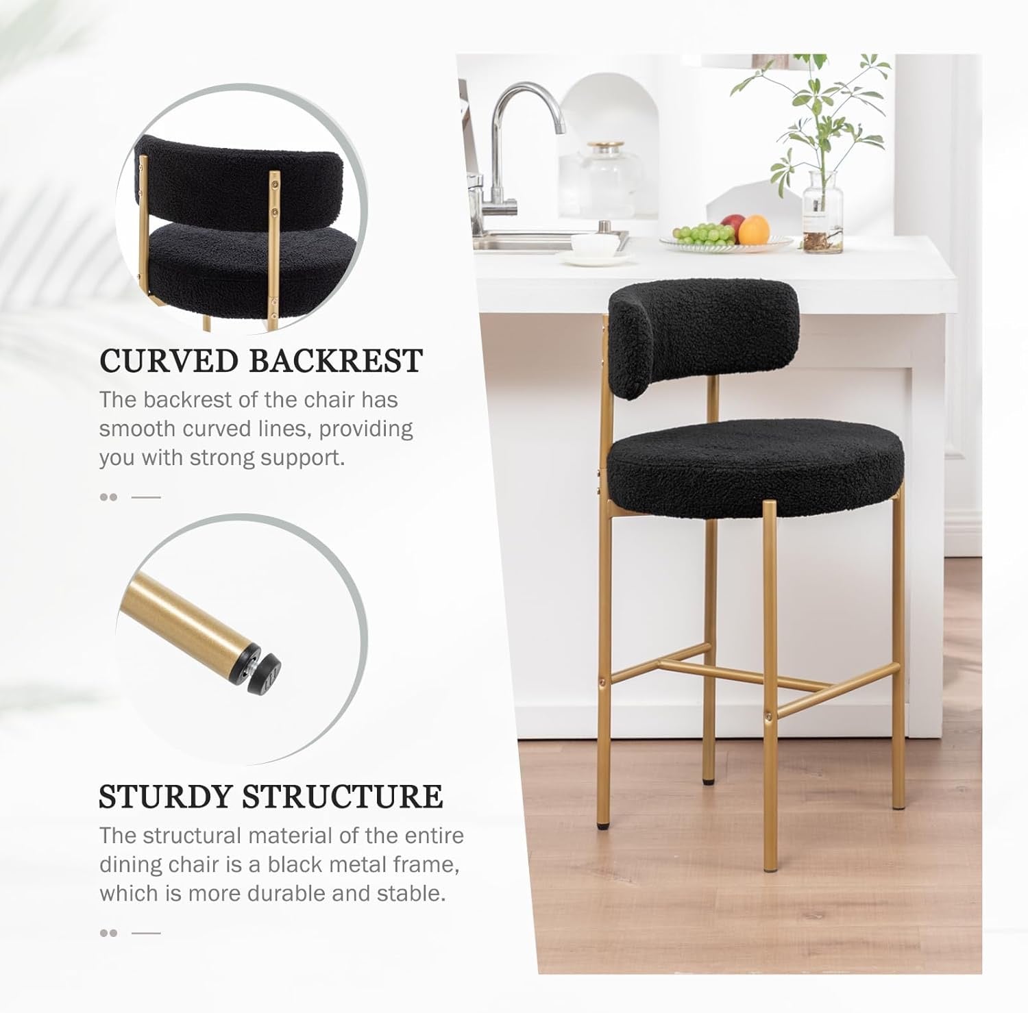 Bouclé Bar Stools Set of 3 Black & Gold | Counter Height Upholstered Barstools with Back for Kitchen Island