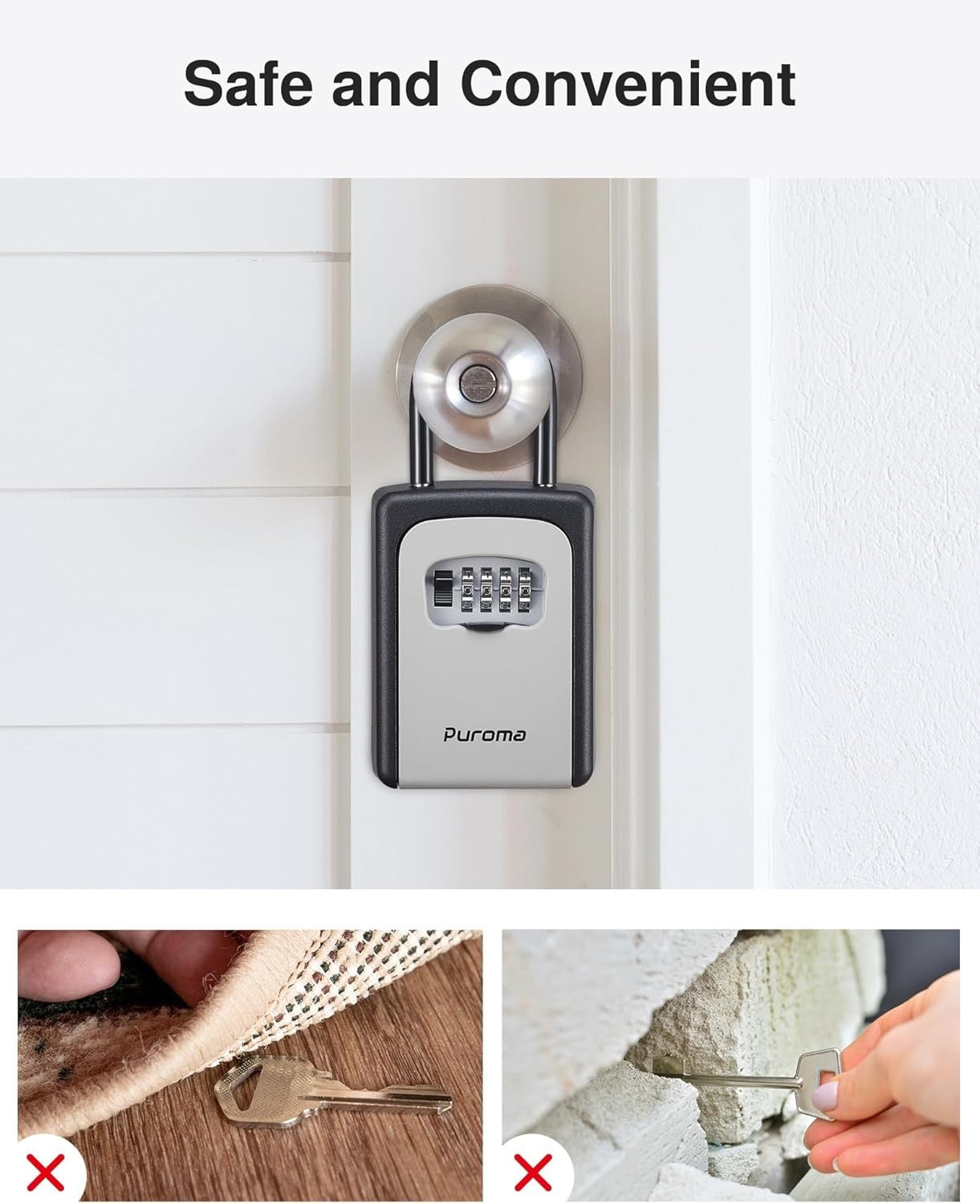 Puroma Large Key Lock Box Resettable Combination | Portable Wall Mount Outdoor Key Safe Security Box Gray