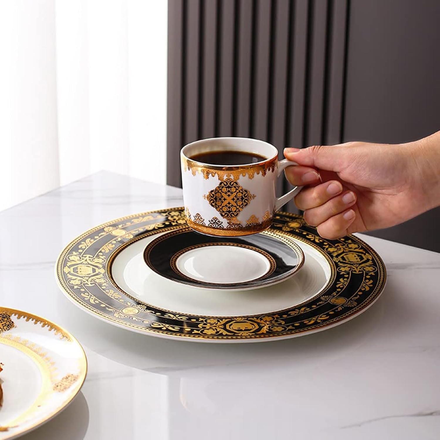 8 Piece Bone China Dinnerware Set for 2 Gold Rim | Elegant Plates Cups and Saucers Scratch Resistant Dishwasher Safe