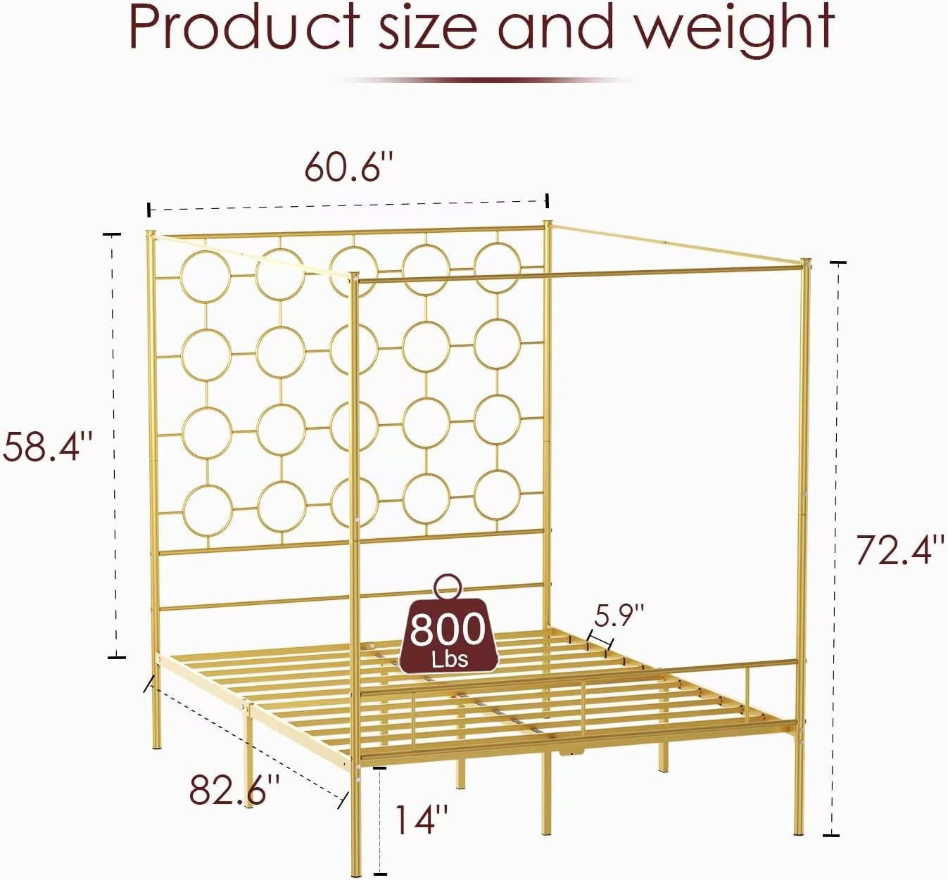 Gold Metal Canopy Bed Frame Queen | Modern Steel Platform Bed with Slat Support (No Box Spring Needed)