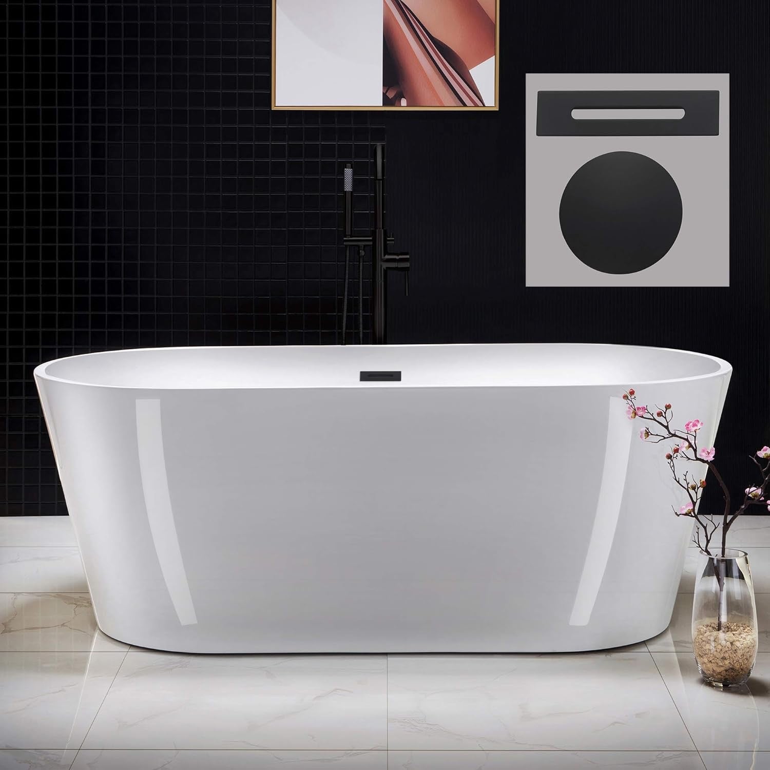 WOODBRIDGE 67" Freestanding Acrylic Soaking Bathtub | Contemporary Luxury Tub with Matte Black Drain