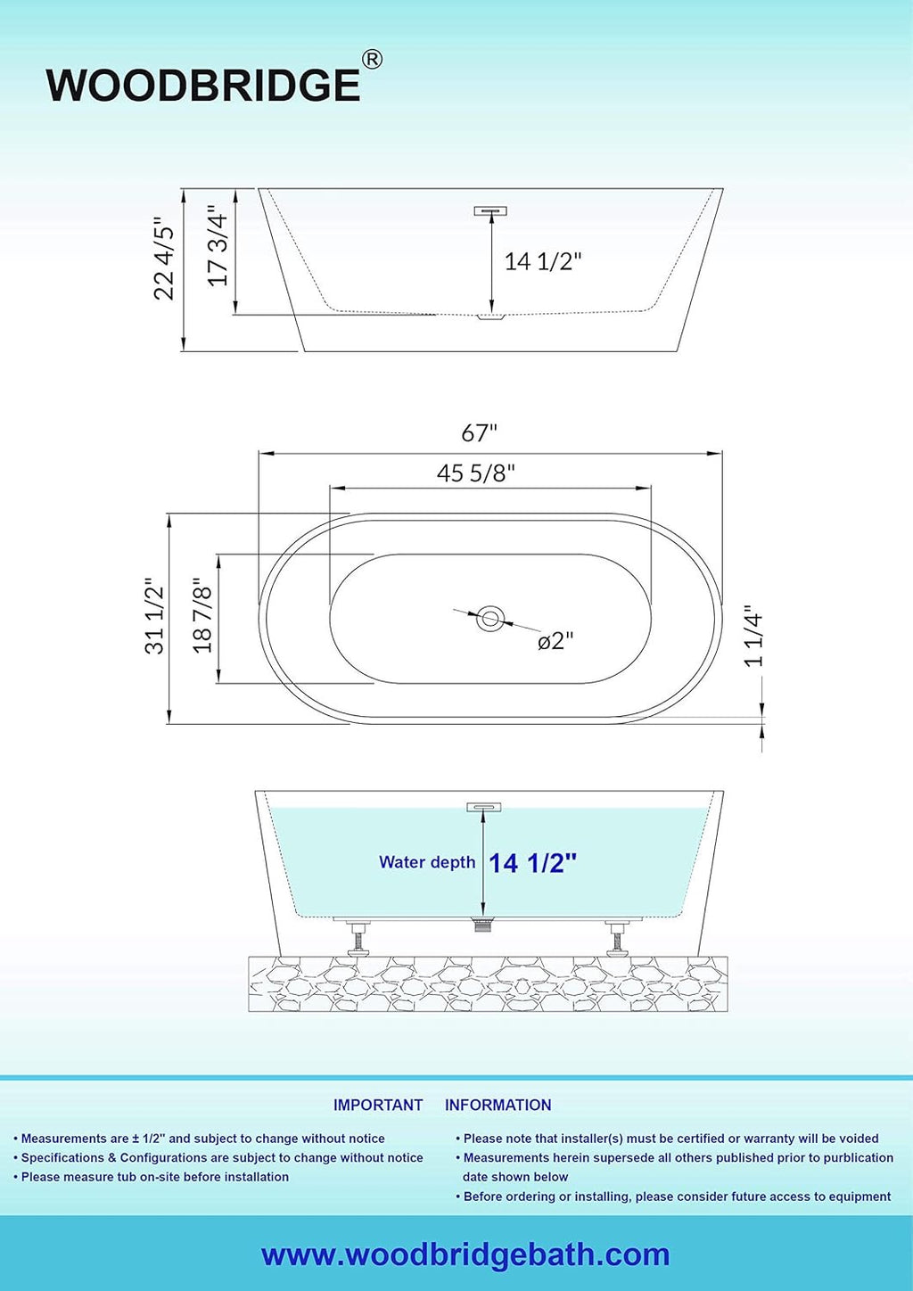 WOODBRIDGE 67" Freestanding Acrylic Soaking Bathtub | Contemporary Luxury Tub with Matte Black Drain