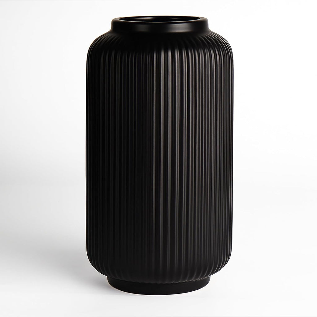 Black Ribbed Ceramic Vase (8”) | Modern Decorative Vase for Dried or Fresh Florals