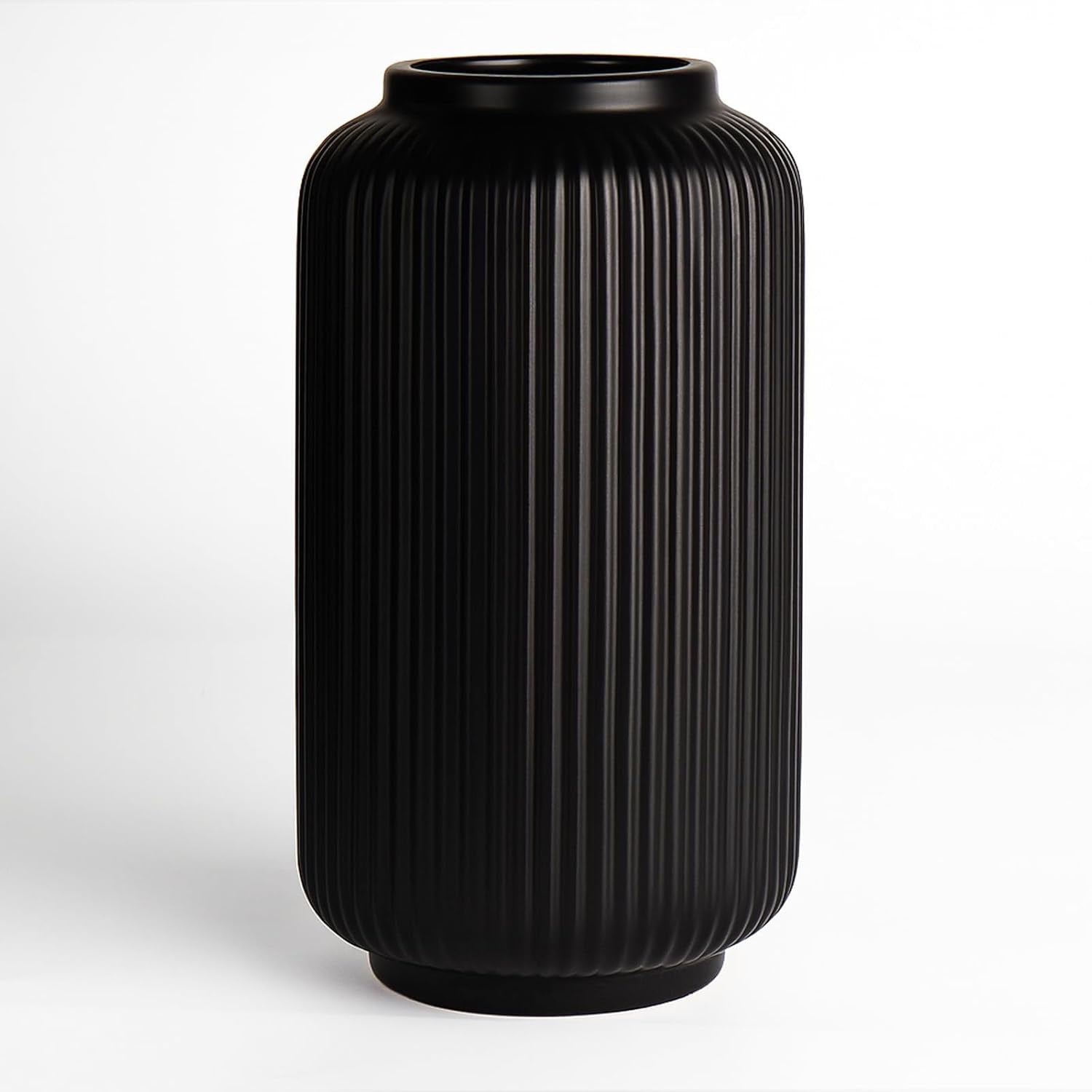 Black Ribbed Ceramic Vase (8”) | Modern Decorative Vase for Dried or Fresh Florals