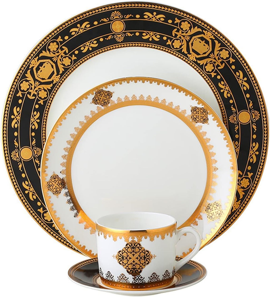 8 Piece Bone China Dinnerware Set for 2 Gold Rim | Elegant Plates Cups and Saucers Scratch Resistant Dishwasher Safe